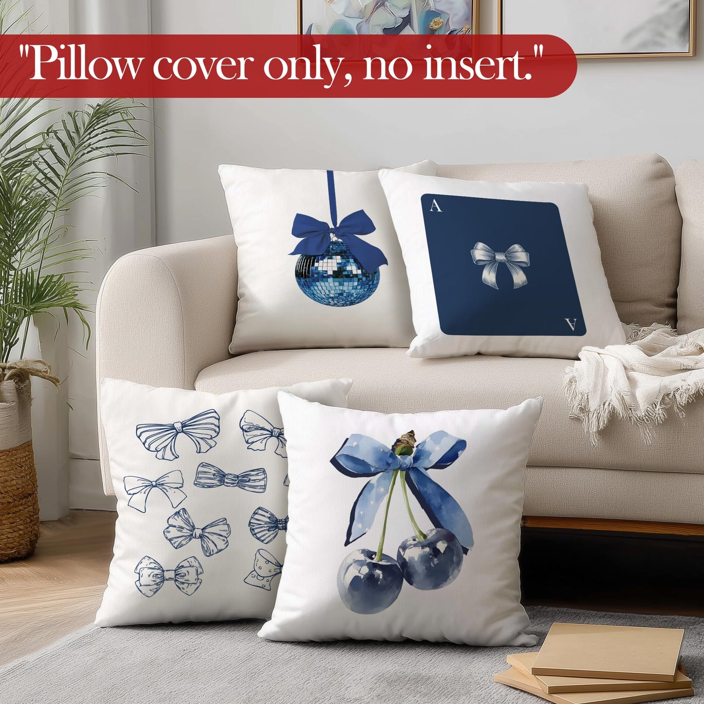 LRyeisahh Blue Trendy Preppy Throw Pillow Covers, Coquette Blue Bow Cherry Disco Ball Decorative Pillowcases Cushion Cases for Girly Room Bedroom Dorm Apartment Decor, 18x18 Pillow Covers Set of 4
