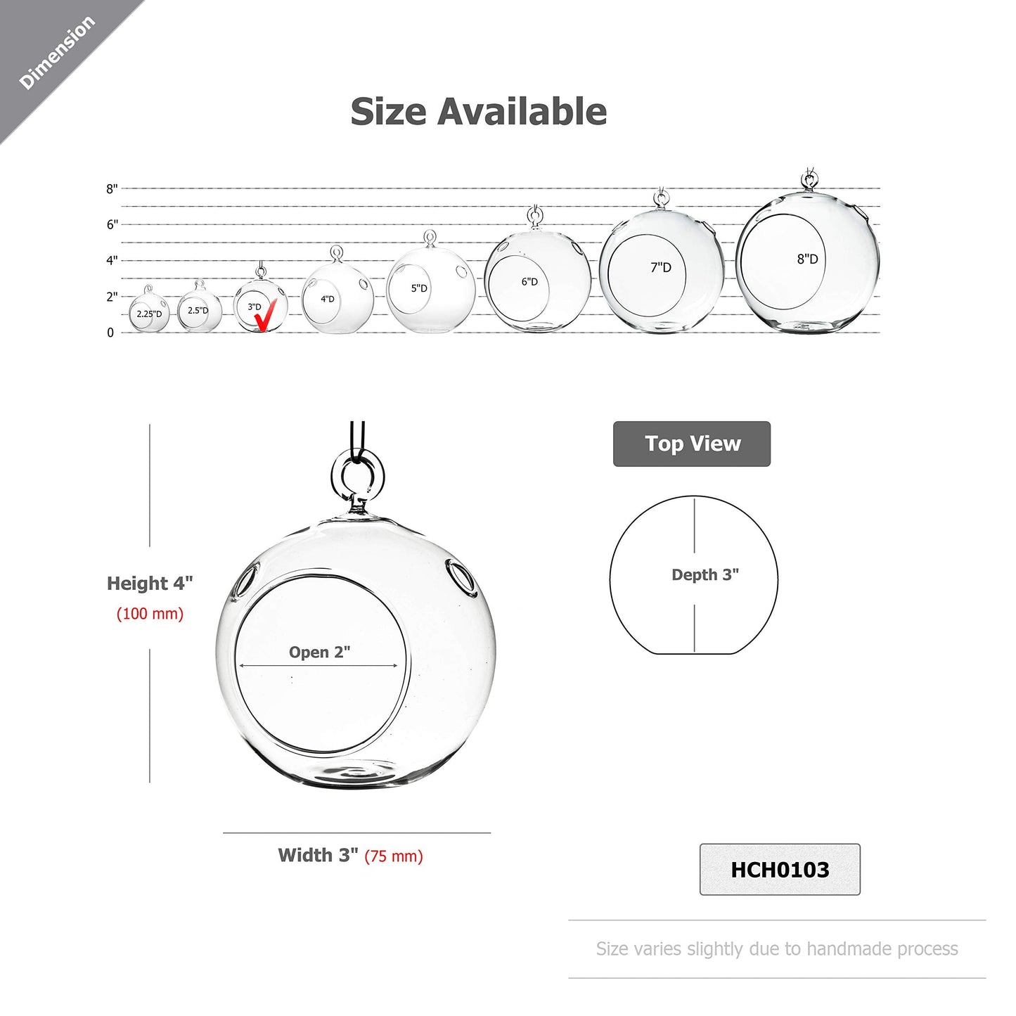 WGV Hanging Terrarium Globe, Width 3", Height 4", DIY Air Succulent Planter, Clear Glass Vase Orb with Flat Bottom, Candle Holder for Windowsill Outdoor Garden Decor, 1 Piece
