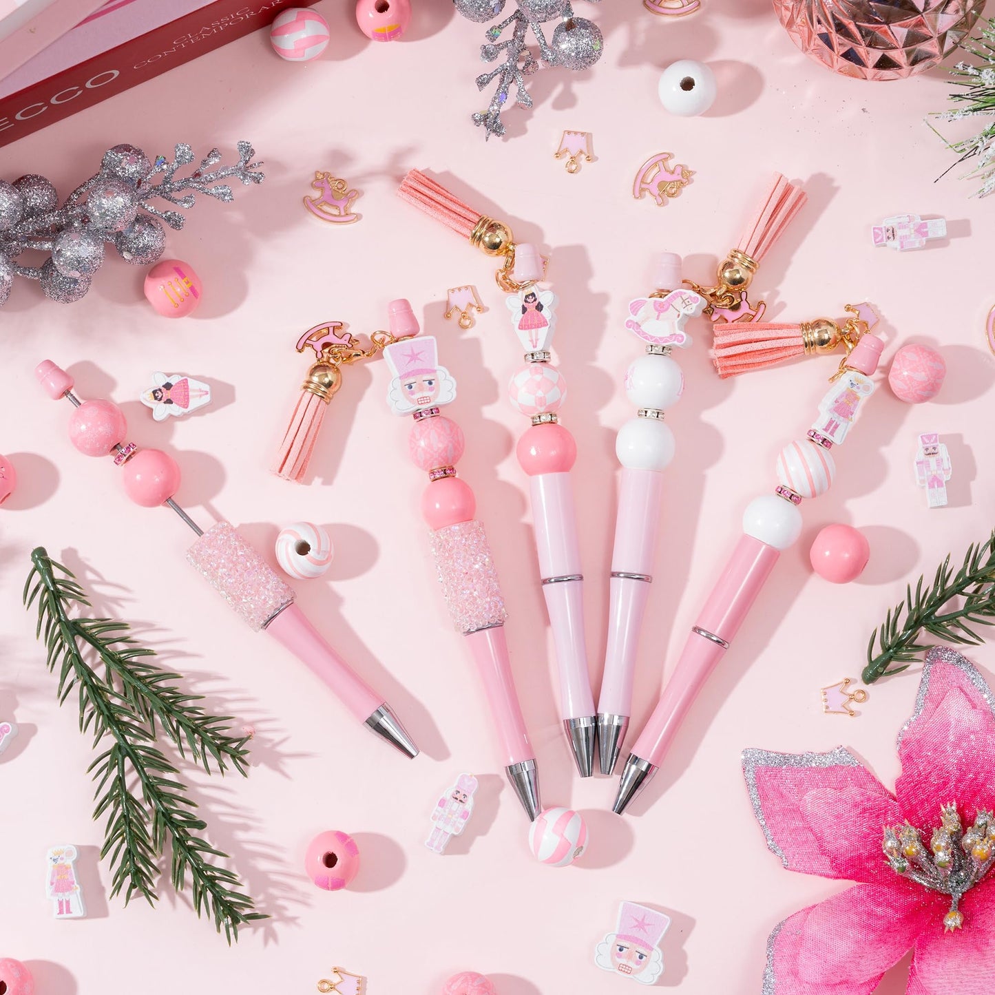 COcnny Christmas Nutcracker Beadable Pens - 12 Set Pink DIY Ballpoint Pen Making Kit with Bead Craft for Kids, Winter Beaded Pen Bulk Charm Tassel Supplies for Xmas Party Women School Students Gift