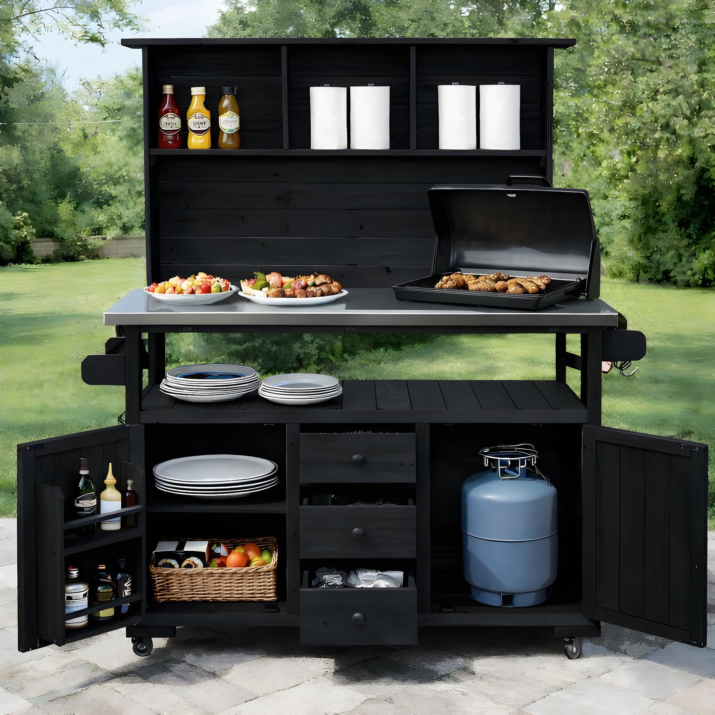Merax 65''H Large Garden Storage Potting Bench with Lockable Wheels, Wood Outdoor Kitchen Island with Stainless Steel top, Drawers, Door Shelves and Hutch for Grilling, Black