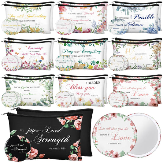Abbylike 40 Pcs Christian Gift for Women Include 20 Bible Verse Makeup Bags 20 Christian Compact Mirrors Inspirational Religious Scripture Gift for Mom Sister Birthday Christmas(Flower Style)