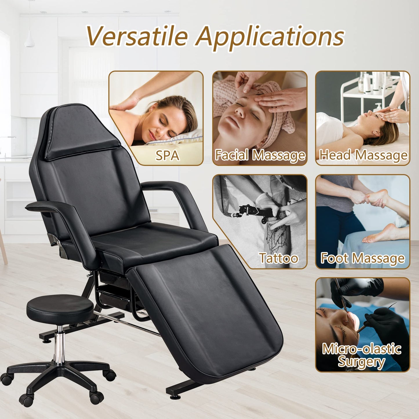 Tattoo Chair Adjustable Folding Salon Bed with Hydraulic Stool Massage Bed for Professional Massage Beauty Spa Black,Bed Table Adjustable Beauty Barber Spa Beauty Equipment 72.8" L x24.4 W x 27.6" H