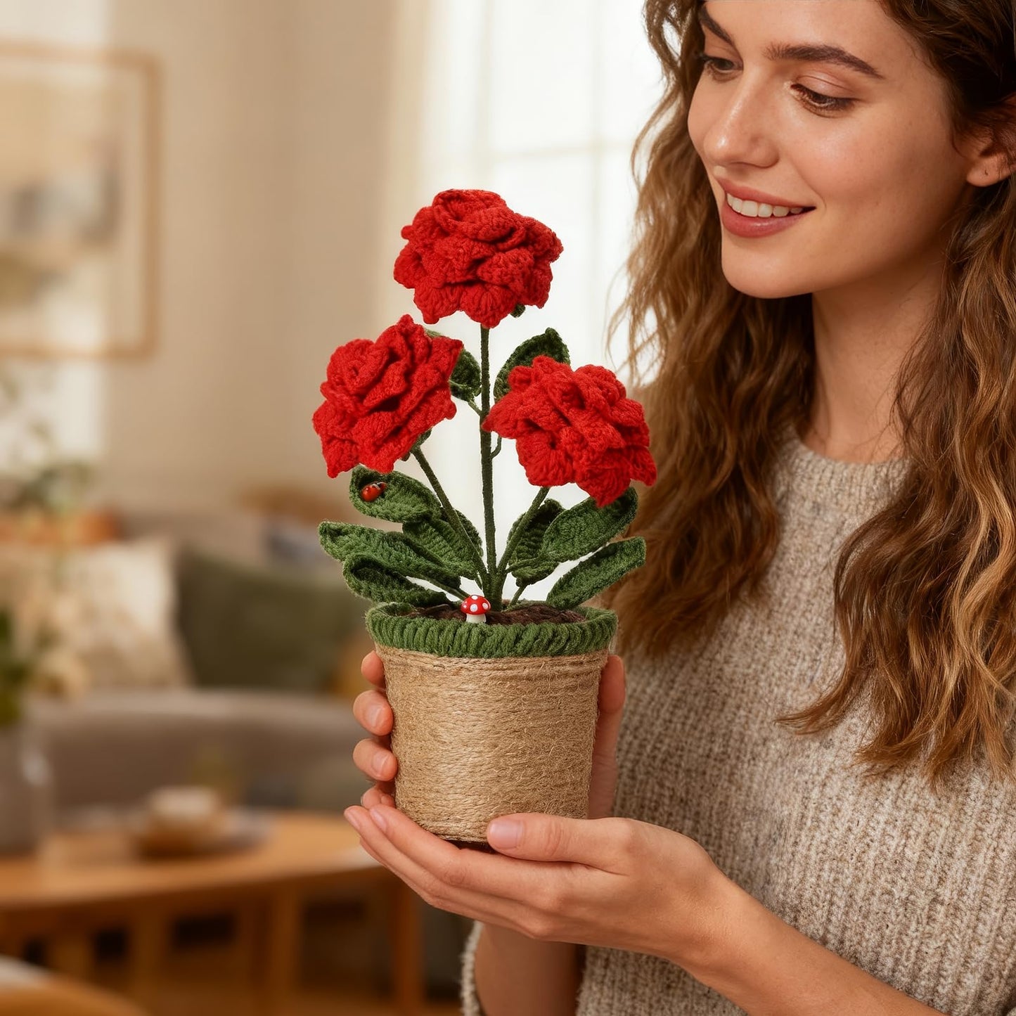 TALIBSA Handmade Crochet Rose Flower Pot Plant Gift Box，Crochet Flowers Handmade Knitted Potted Plants，Knitting Crochet Puff Flowers Potted Plants，Gifts for Family, Loved Ones and Friends