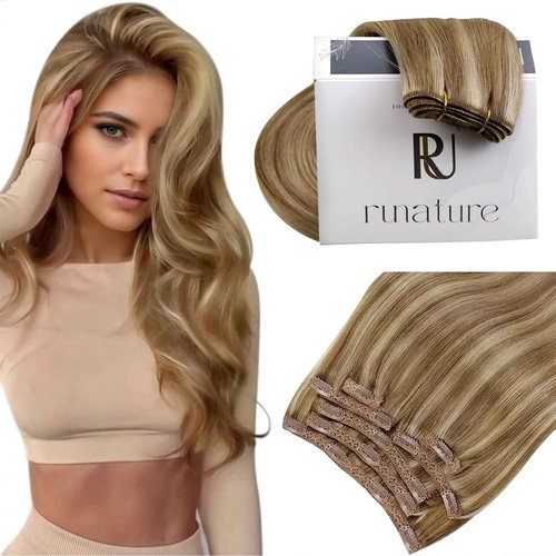 RUNATURE Clip in Extensions Human Hair 10"-24" Straight Short/Long Smooth Hair 100g 9pcs Full Head Clip in Human Hair Weave Extensions for Women Girls Ladies 16" #10/16