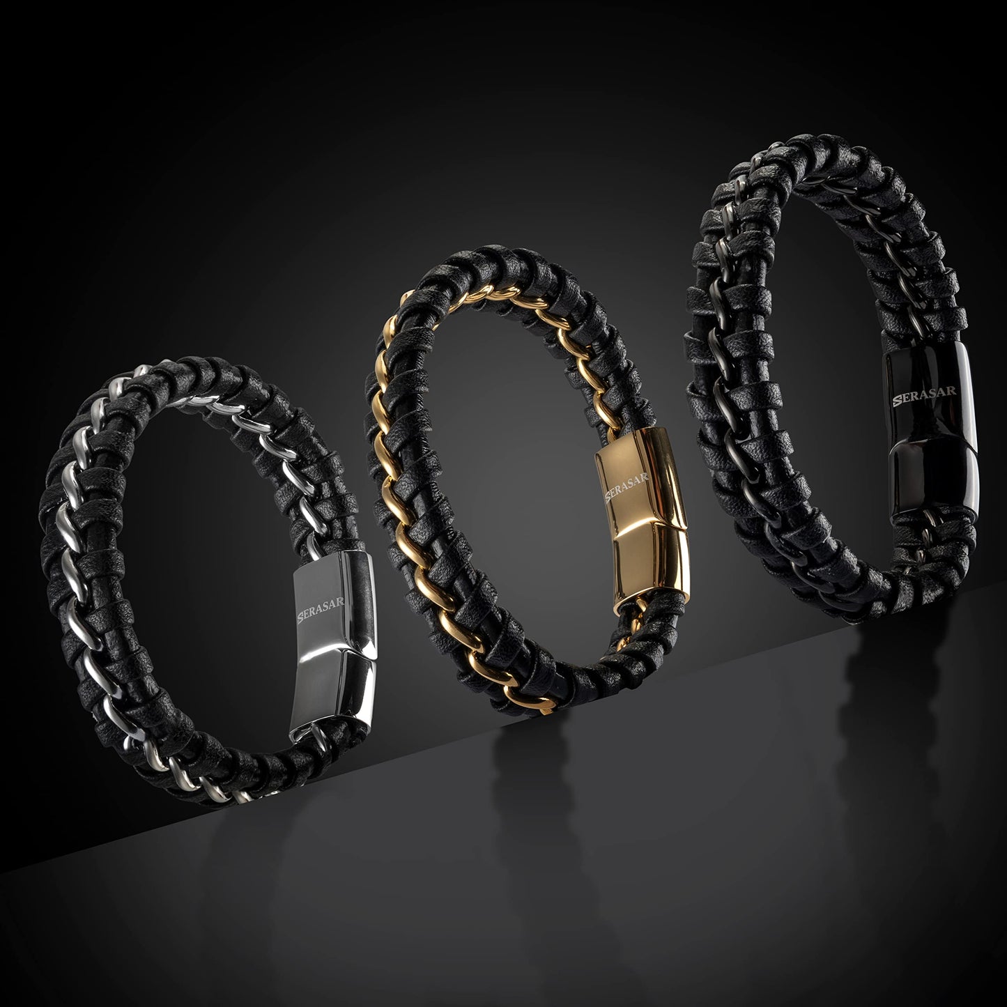 SERASAR Mens Bracelets Leather 17cm Gold Bracelet Men Gift Box Genuine Cowhide Braided Adjust Able Magnetic Clasp Multi Layer Wrap Rope Band Jewelry Magnet Accessories