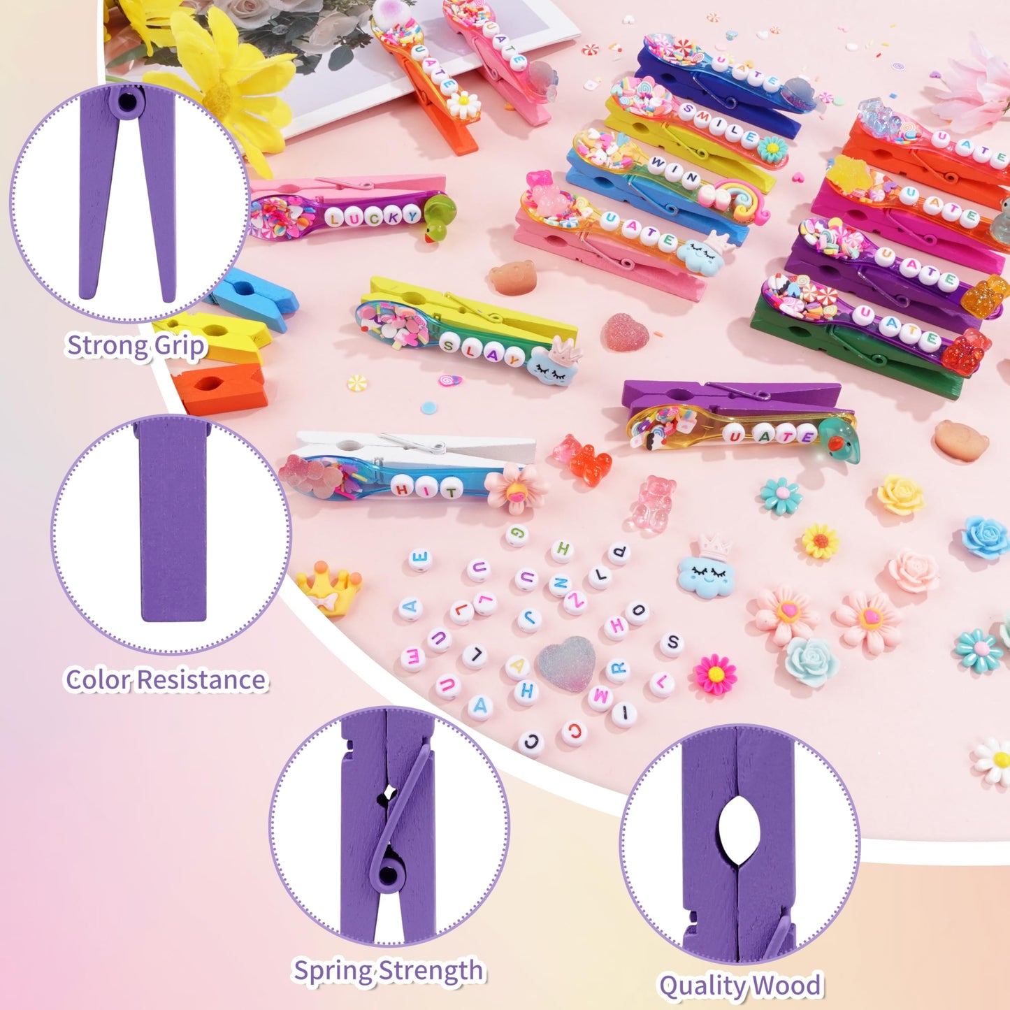 Fayoo 50 Pack DIY Cheer Pin Kit - 50 pcs Wooden Clothes Pins, U ATE Beads, Cheer Spoons and Charms for Pep Rally Cheerleader Gifts Team Spirit Gifts for Sports, Volleyball (Bright Color)