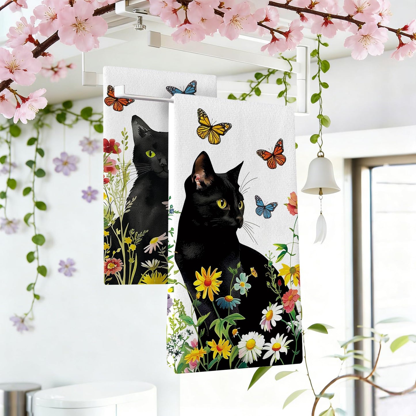 Croar Spring Summer Black Cat Floral Kitchen Dish Towels Set of 2, Daisy Flower Butterfly Drying Hand Towel Baking Cooking Cloth, Wildflower Bathroom Home Decoration Pet Cat Owner Lover Gift 18''x26''