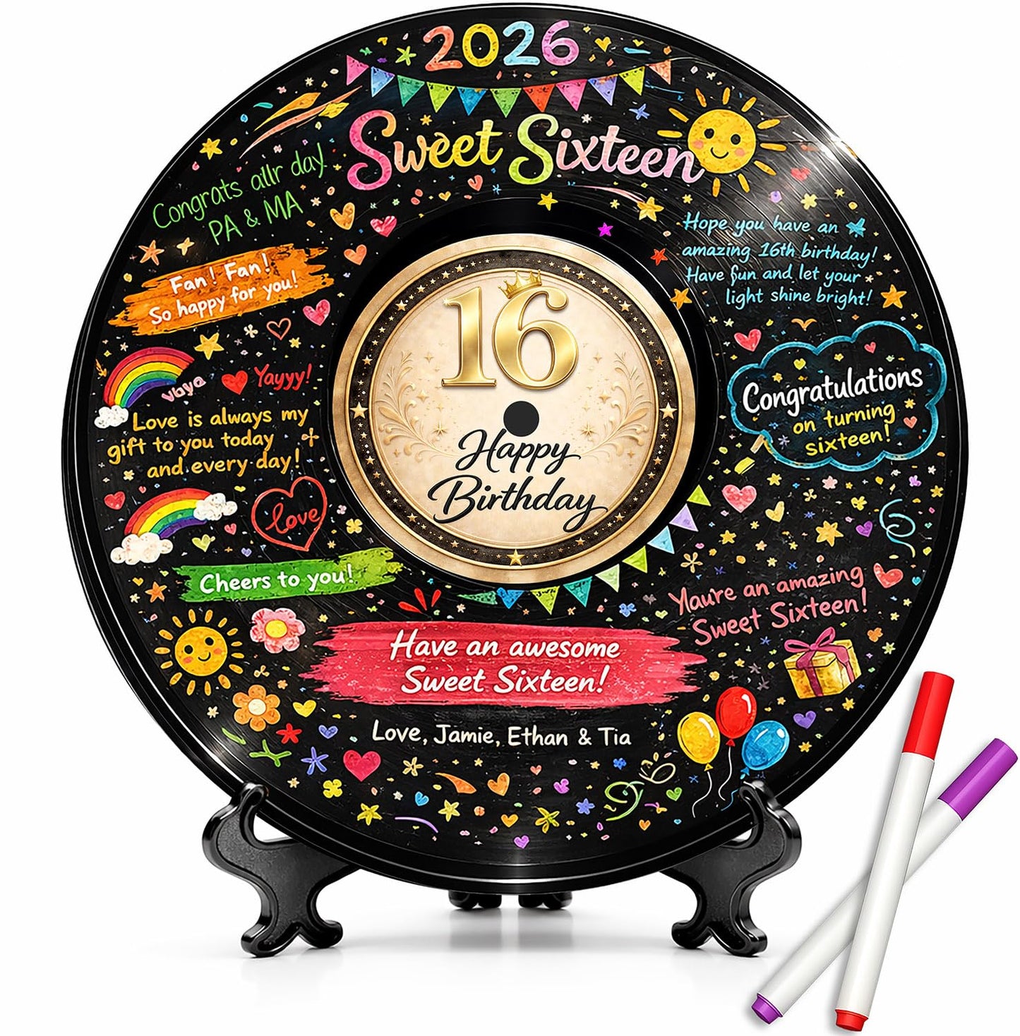Sweet 16 Party Decorations for Girls and Boys, 11.6 Inch Vinyl Record Guest Book Alternative, 16th Birthday Signature Board with Stand and Pens, 16th Birthday Gifts for Boys Girls