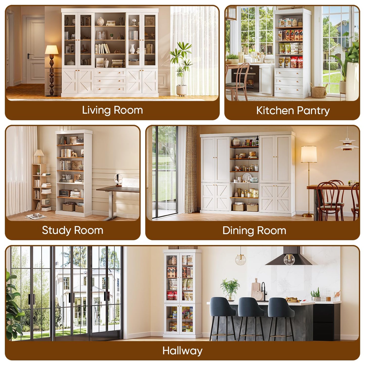 Myricore 70.8" Tall Farmhouse Kitchen Pantry Cabinet with Glass Doors, Modular Storage Cabinet with 6-Tier Adjustable Shelves, Wooden Hutch for Kitchen, Set of 2, White
