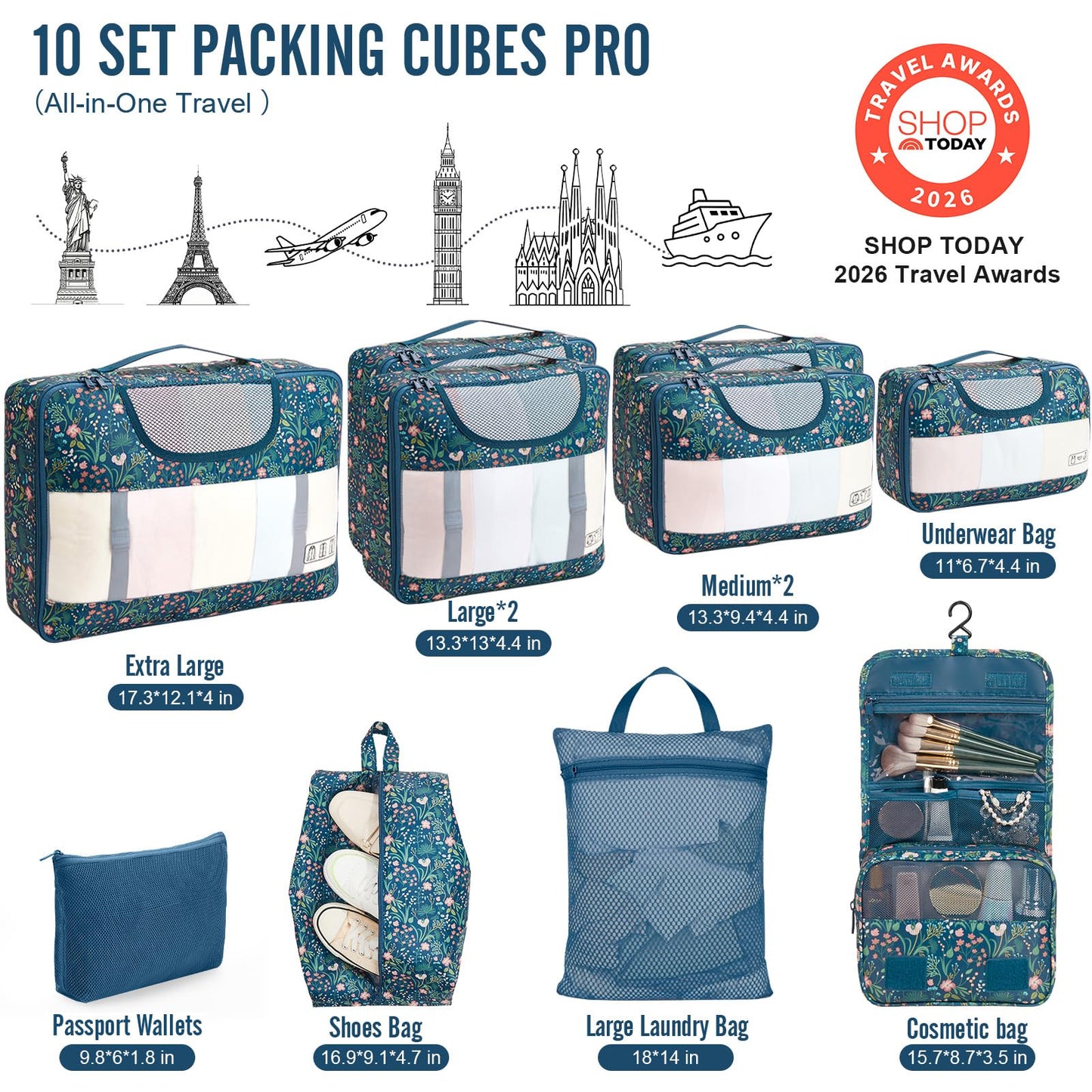 Veken 10 Set Packing Cubes for Travel Essential, Suitcase Organizer Bags in 4 Sizes, Carry-On Luggage Accessories with Large Laundry & Hanging Toiletry Bag, Must-Have for Airplane, Road Trip & Camping