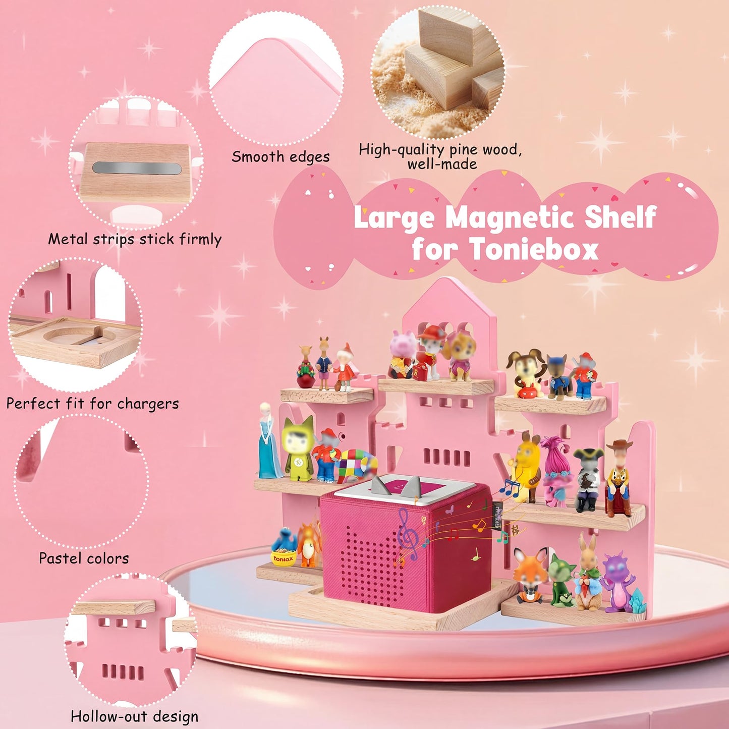 Tonie Shelf for Tonies Box 2/1 - Tonie Storage for Tonie Box & Tonies Figures & Charging Station, Magnetic Wooden Floating Shelf for Toniebox & 15-33 Tonies Characters, Wall Mounted Rack,Castle Shape