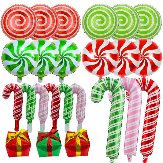 24 Pcs Christmas Balloons, Candy Cane Swirl Gift Box Balloons, Foil Red Green Pink Balloons Kit for Christmas Party Birthday Candy Themed Party Decorations
