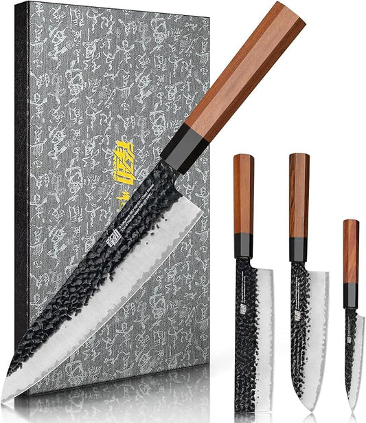 FINDKING 4PCS Kitchen Knife Set, Japanese Chef Knife Set with 9Cr18MoV High Carbon Steel Hammered Blades, Rosewood Octagonal Handles, for Meat, Fruits and Vegetables, Dynasty Series