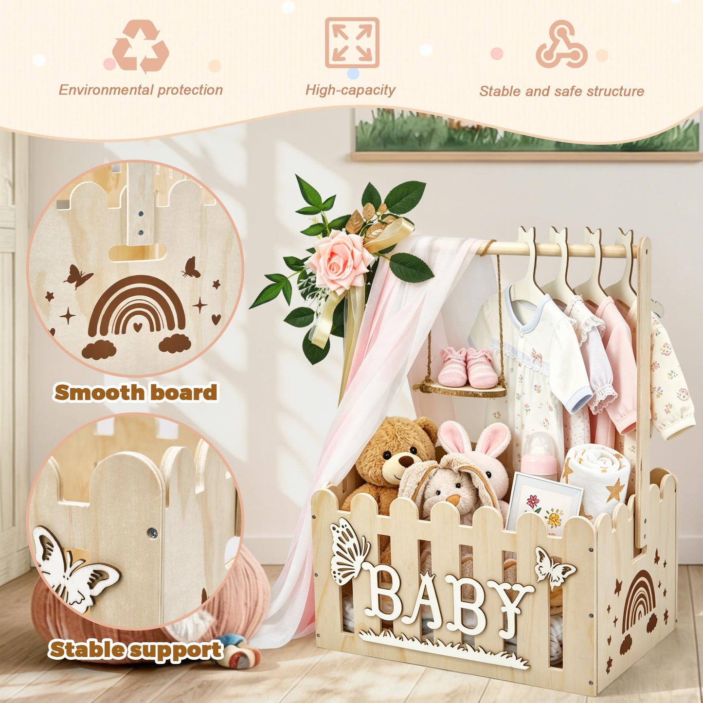 KYNUG Wooden Baby Shower Crate Closet With Hanger Rack, Wooden Baskets for Baby Shower With Handle Girl Welcome Box Personalized Baby Gifts Crates - Easy Assembly (Girl)