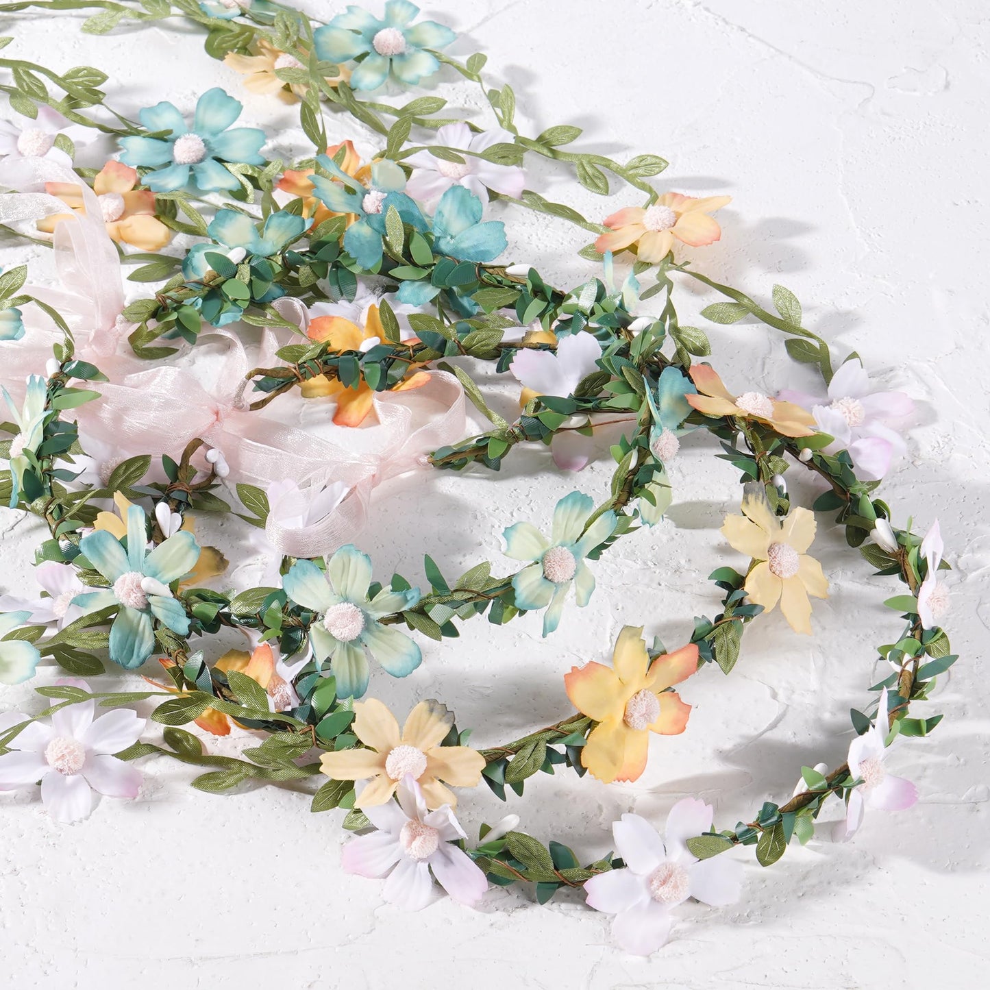 KorViSHOW Fairy Pink Flower Headpiece, Artificial Boho Daisy Floral Headband, Forest Woodland Vine Flower Crown for Women Bridal Wedding Renaissance Party Cosplay Costume Hair Accessories