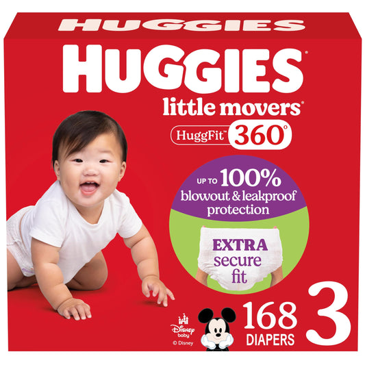 Huggies Size 3 Baby Diapers, Little Movers HuggFit 360° Baby Diapers with 360° Waistband, Size 3 (16-28 lbs), 168 Count (3 Packs of 56), Packaging May Vary