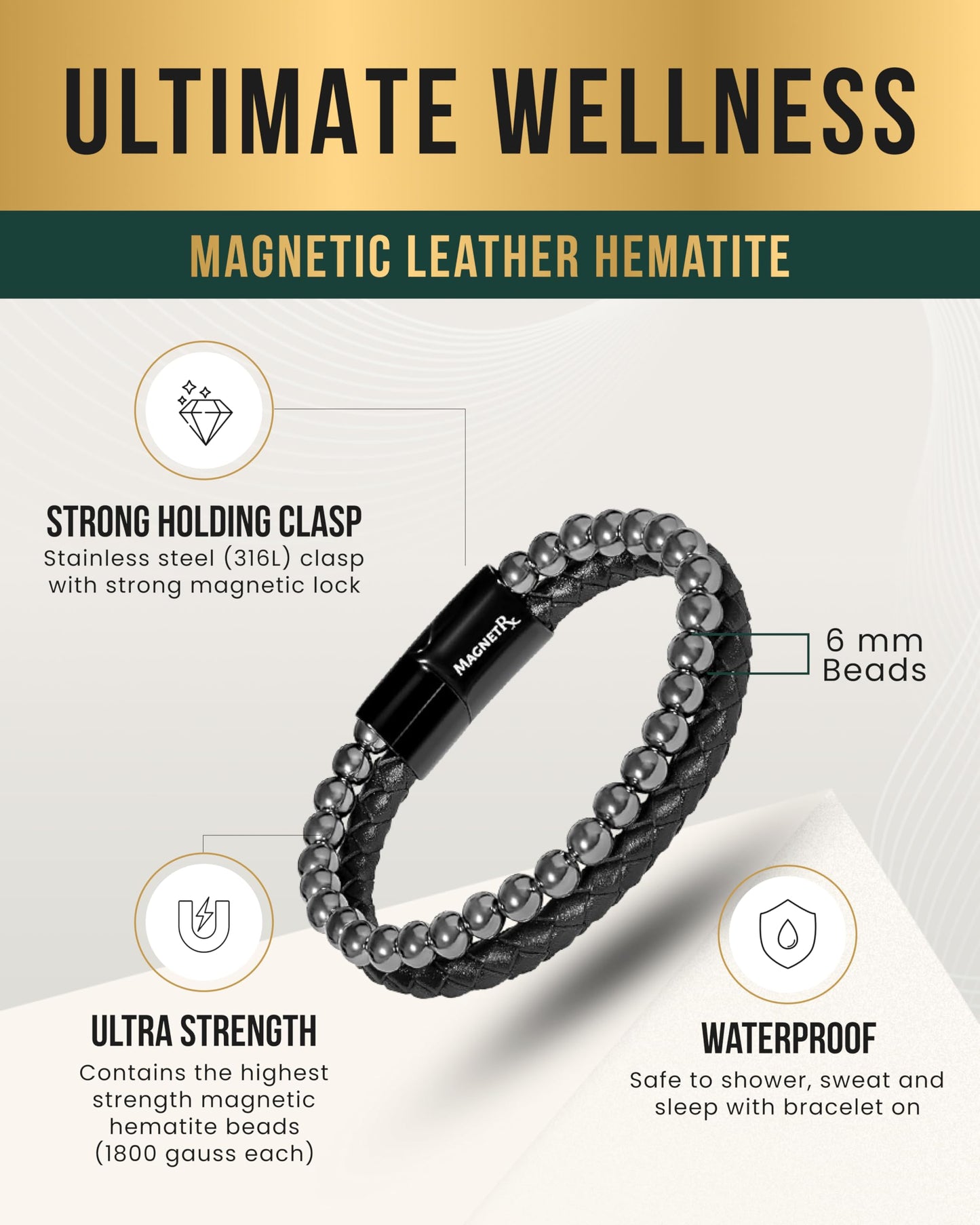 MagnetRX® Hematite & Leather Bracelet – Max Strength Magnetic Stone Beaded Bracelets for Men (Large)