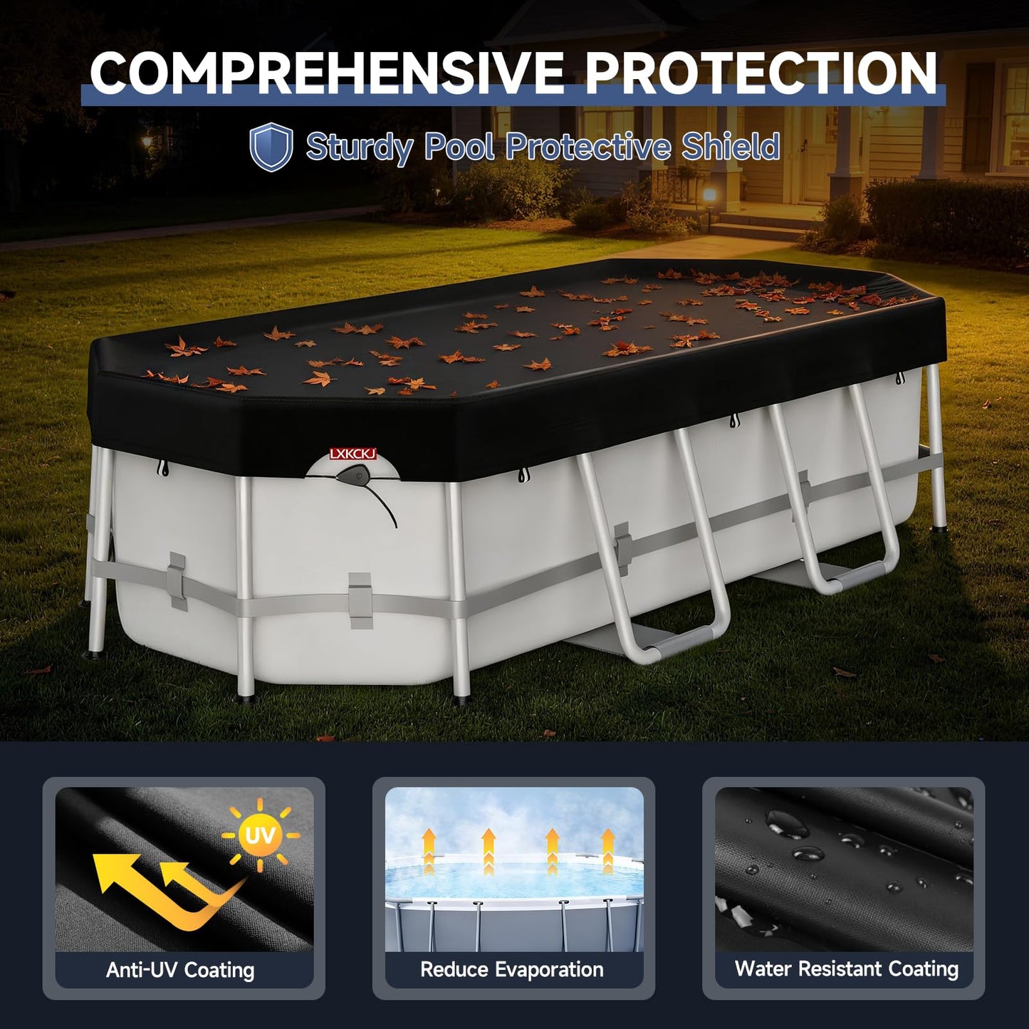 LXKCKJ 7x10 FT Rectangular Pool Cover for Above Ground Pool, Solar Oval Pool Cover Protector, Winter Pool Cover with Accessories Set Ideal for Cold and UV Resistant, Dustproof (Black)