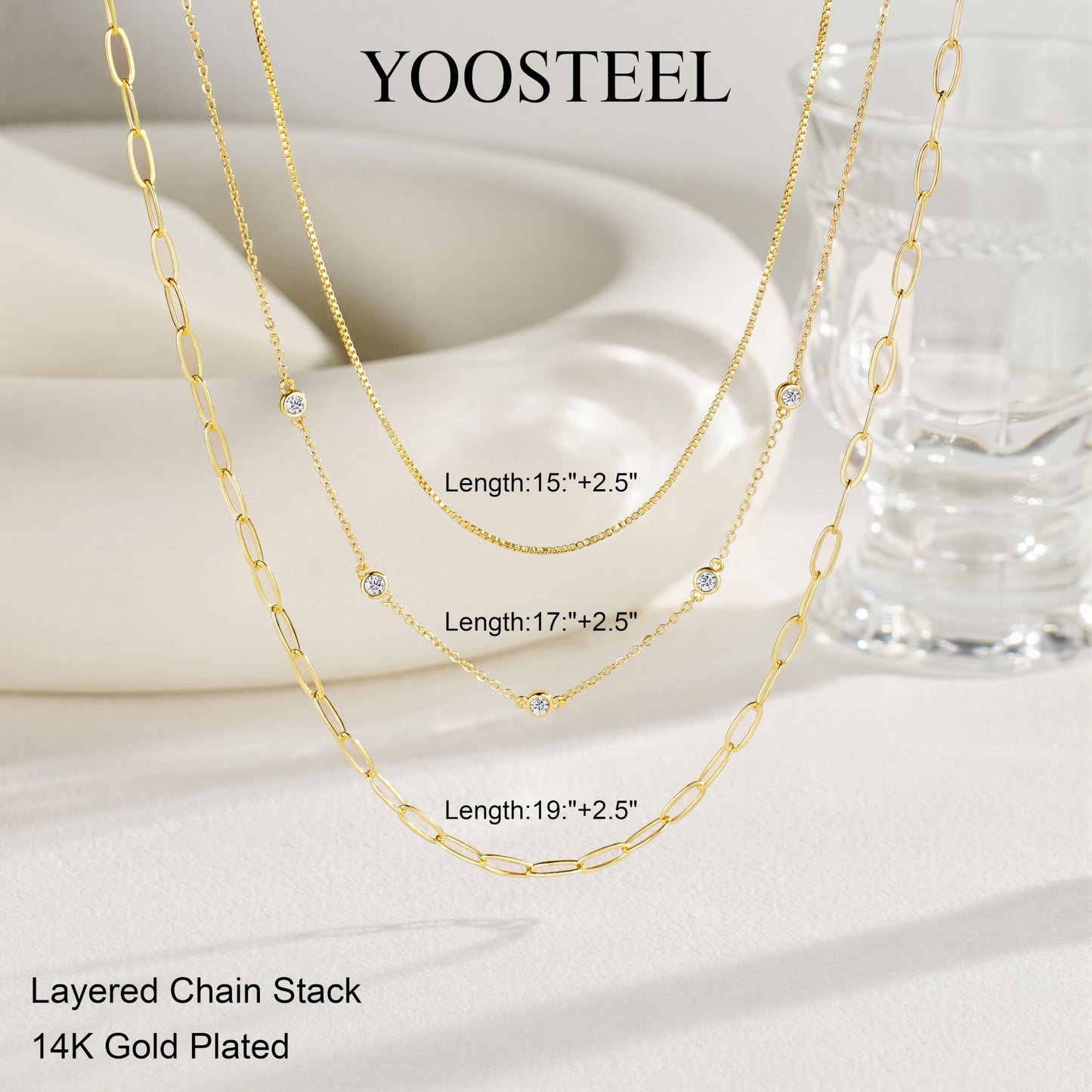 Yoosteel Layered 14k Gold Plated Paperclip Necklace for Women,Dainty Thin CZ Chain Box Choker Necklaces Set Stack Trendy Jewelry Gifts for Women