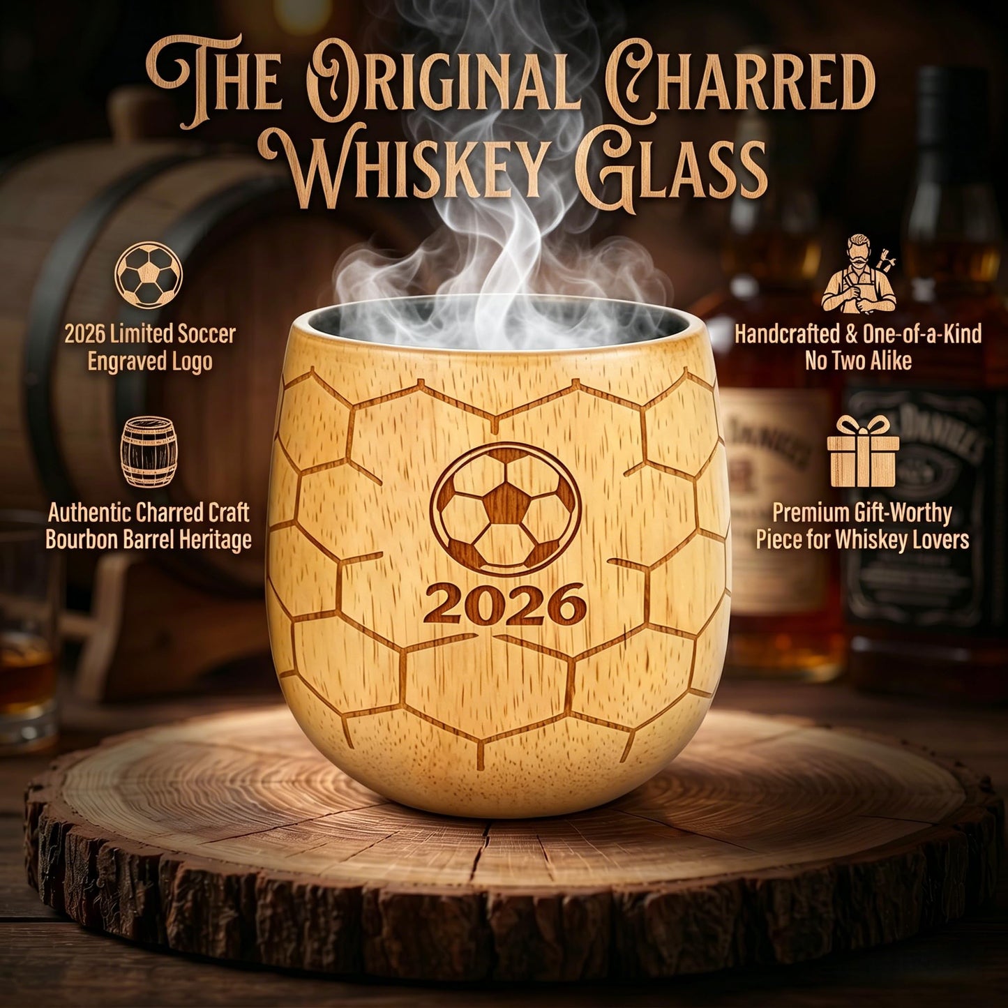 Charred Wooden Whiskey Glasses, 2026 Limited Edition Old Fashioned Glass Set, Unique Gifts for Men Who Love Soccer – for Dad, Brother, or Husband (2 Pack)