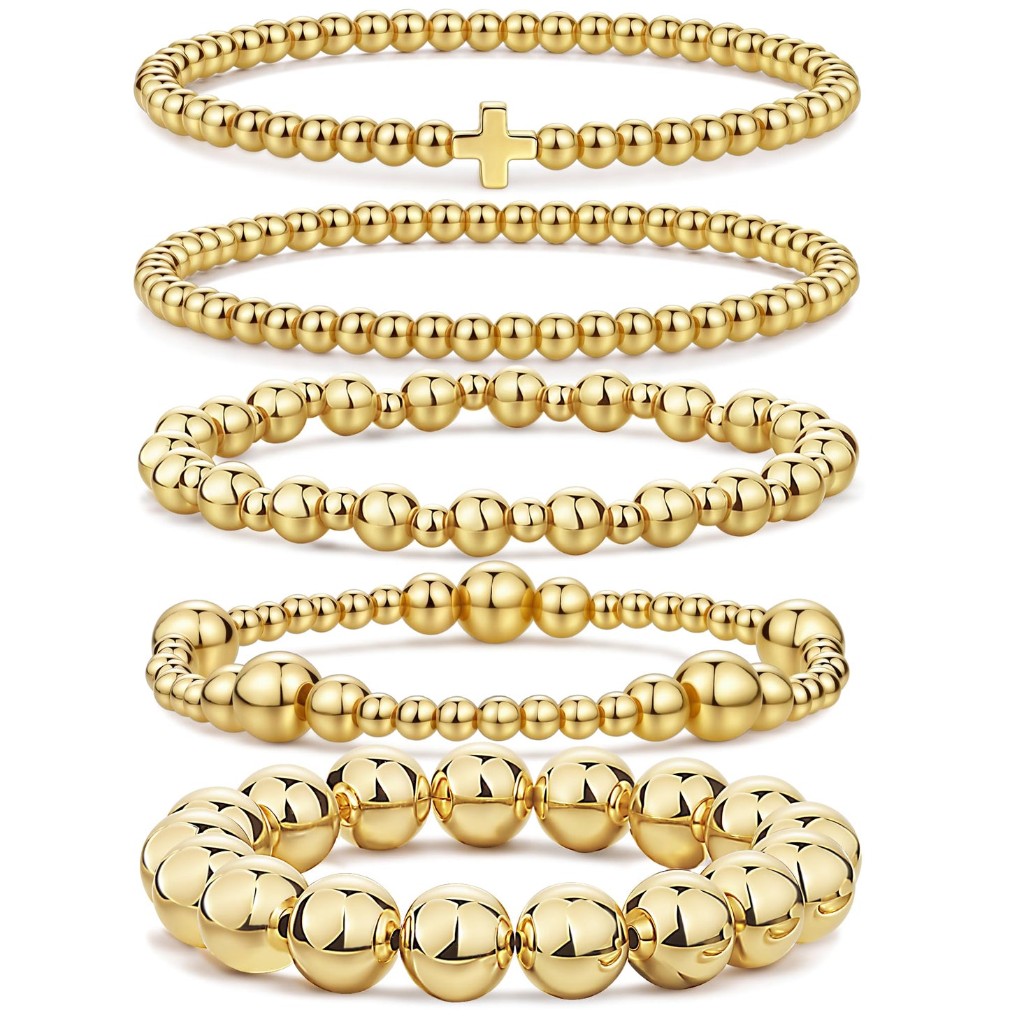 Qiuseadu Chunky Gold Beaded Stack Bracelets Beads Ball Cross Colorful Statement Bracelets Set for Women (Full Gold Statement)