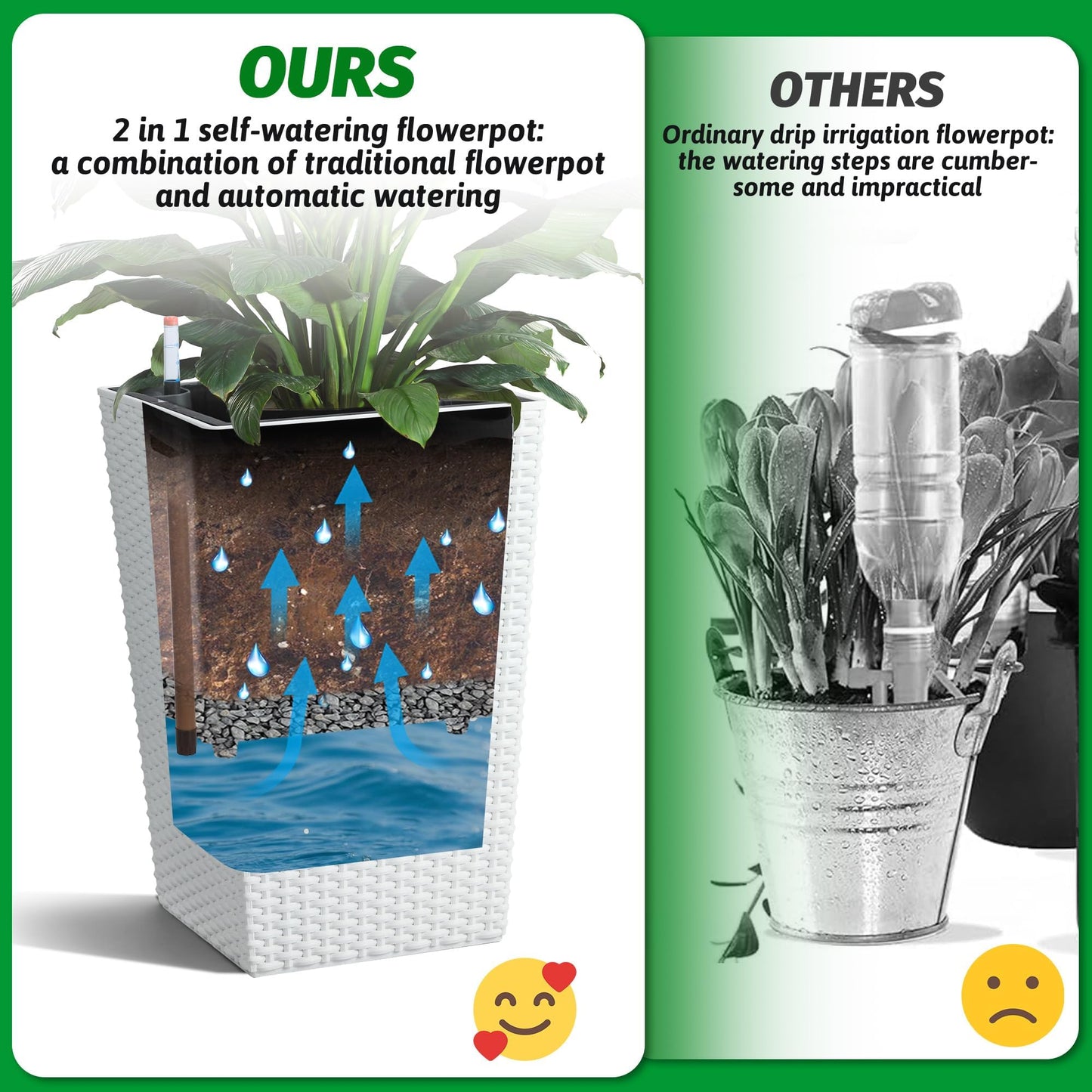 Tall Planters Set of 2, with Large Outdoor & Indoor Pots with Drainage Holes, Water Level Gauge, Inner Insert, Trays & Wheels, Auto-Watering Front Porch Planters for Terrace, Home, Office,White