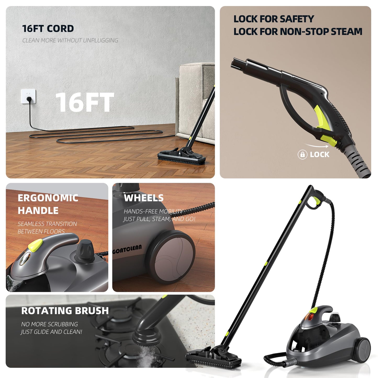GOATCLEAN Heavy-Duty Steam Cleaner - 1500W Multipurpose Handheld Floor Steamer with 22 Accessories 16ft Cord for Home, Car Detailing, Tile, Grout, Carpet, Wallpaper, Upholstery, Window, Deep Cleaning