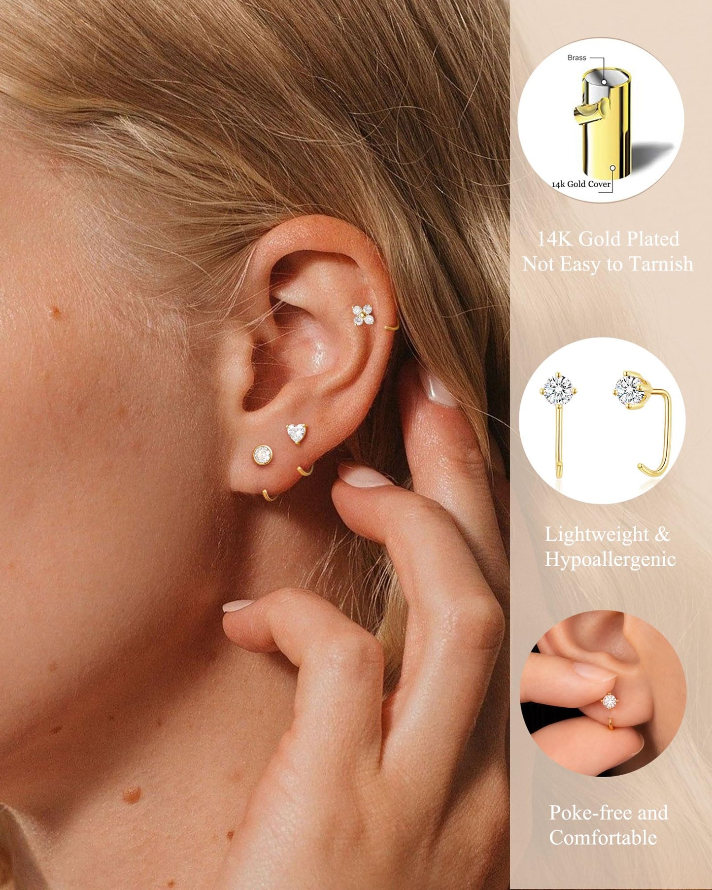 RLMOON Backless Earrings Gold Huggie Half Hoop Earrings for Women 14K Gold Plated Stay Close Hoop Earrings No Back Comfort Fit Hypoallergenic Stackable Earrings to Sleep in