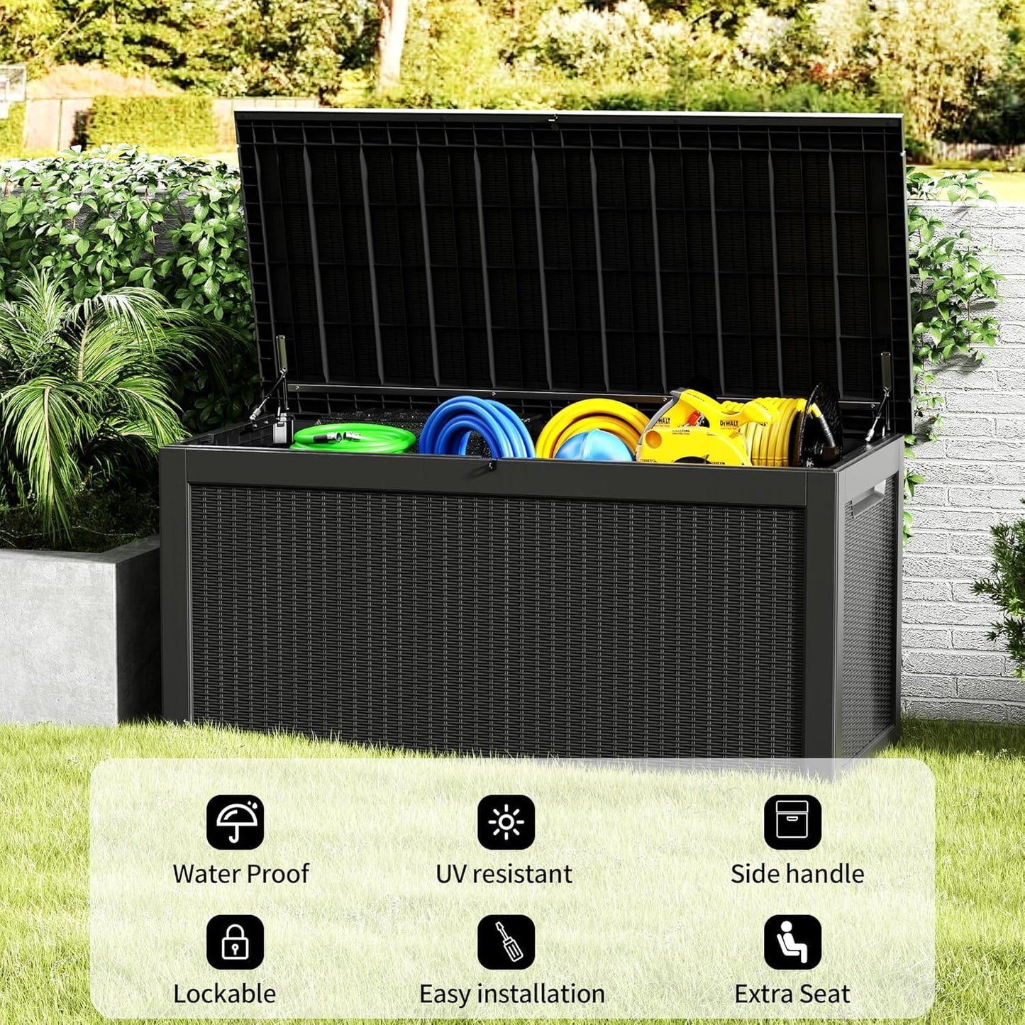 Outdoor Storage Box, 320 Gallon Lockable Resin Deck Box Large Waterproof, Patio Storage Bin for Furniture Cushion, Garden Tools and Pool Accessories, UV-Resistant Bench Cabinet for Outside, Black