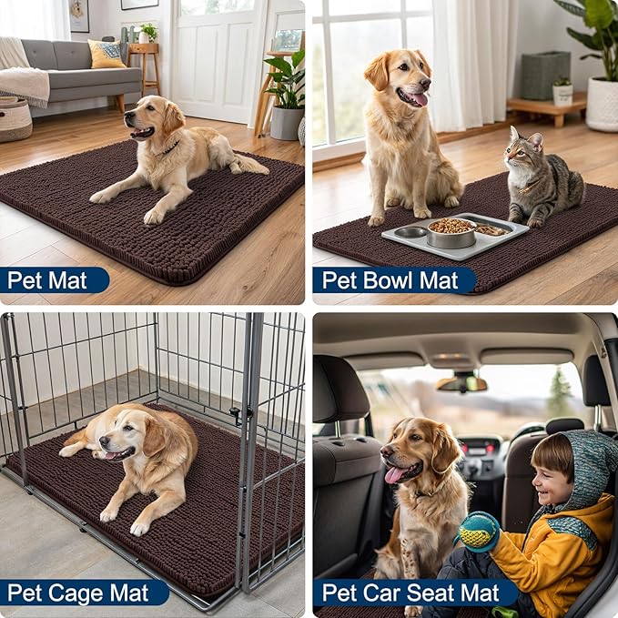 Smiry Dog Door Mat for Muddy Paws 34x21, Absorbs Moisture and Dirt Doormat, Non-Slip Washable Quick Dry Chenille Front Door Mat Indoor Entrance, Entryway Carpet for Inside Floor, Brown