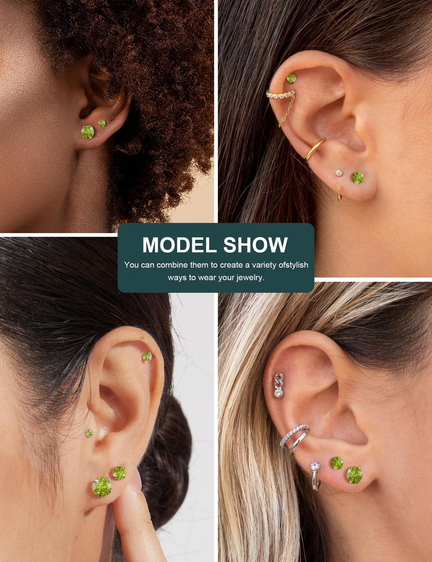 6 Pairs Hypoallergenic Cubic Zirconia Earrings Surgical Steel Flat Back Studs for Cartilage, Screw Back Fashion Jewelry