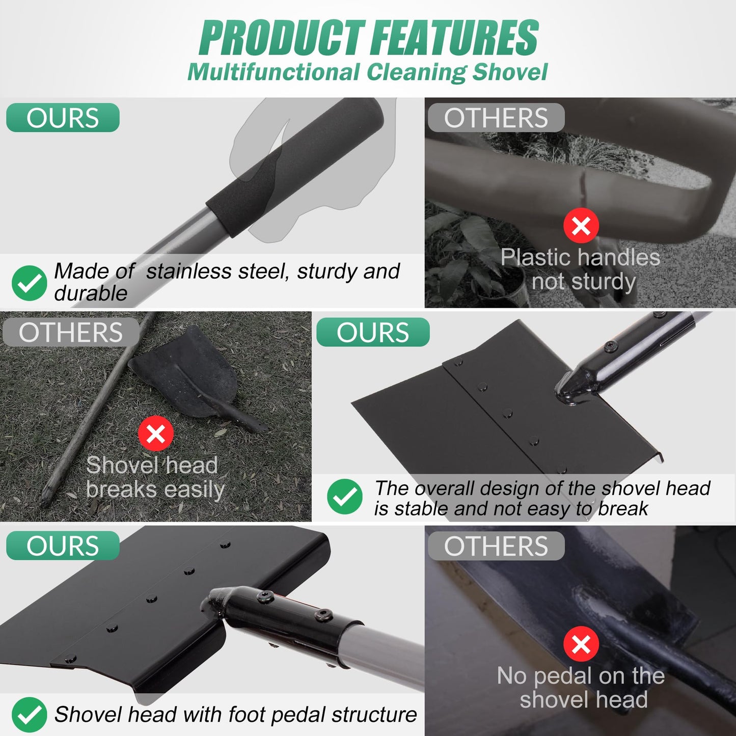 Suchtale Garden Flat Shovel,Floor Scraper, Heavy Duty Multifunctional Outdoor Cleaning Shovel with 54 Adjustable Long Handle, Ideal for Weed Scraper, Lawn Edging,Trenching,Driveway,Sidewalk