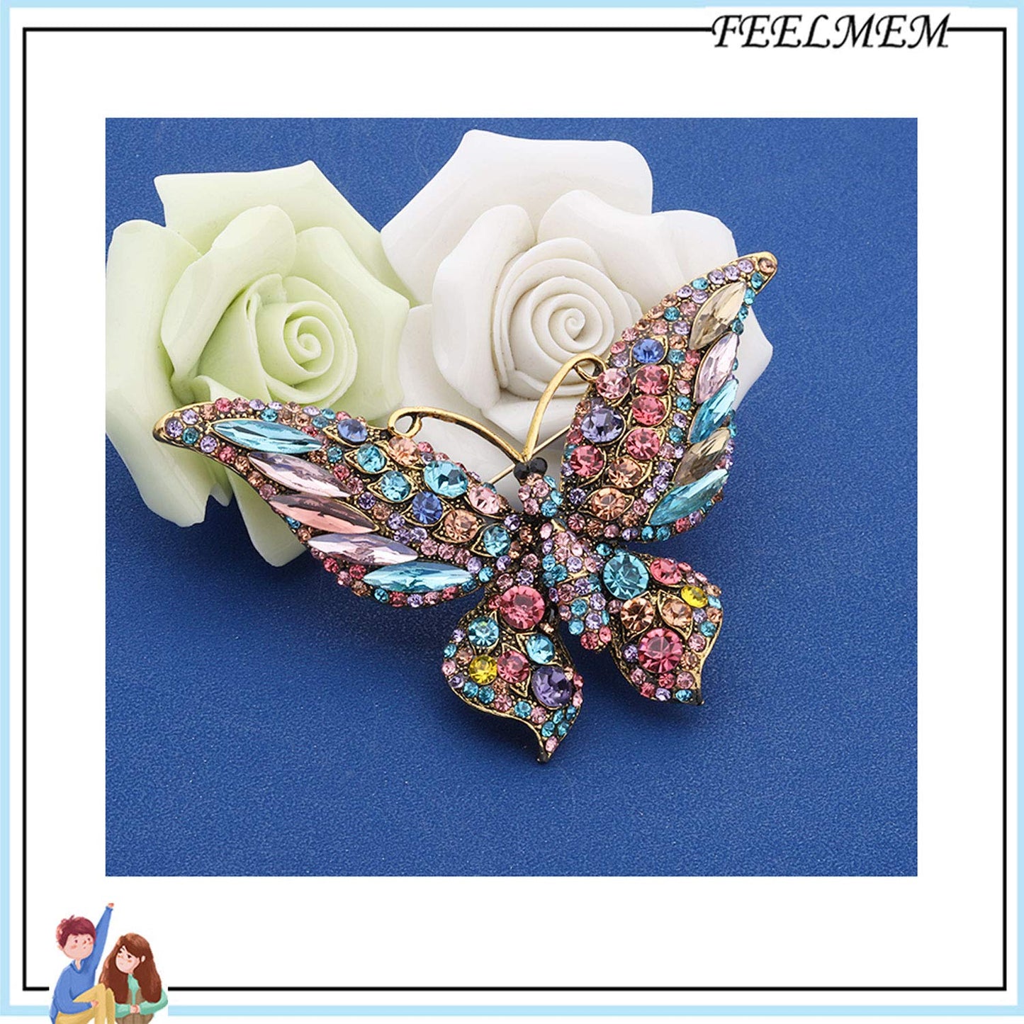 FEELMEM Crystal Rhinestone Butterfly Brooch Pin Blue Color Butterfly Brooches for For Women Wedding/Banquet/Birthday Party (colourful)