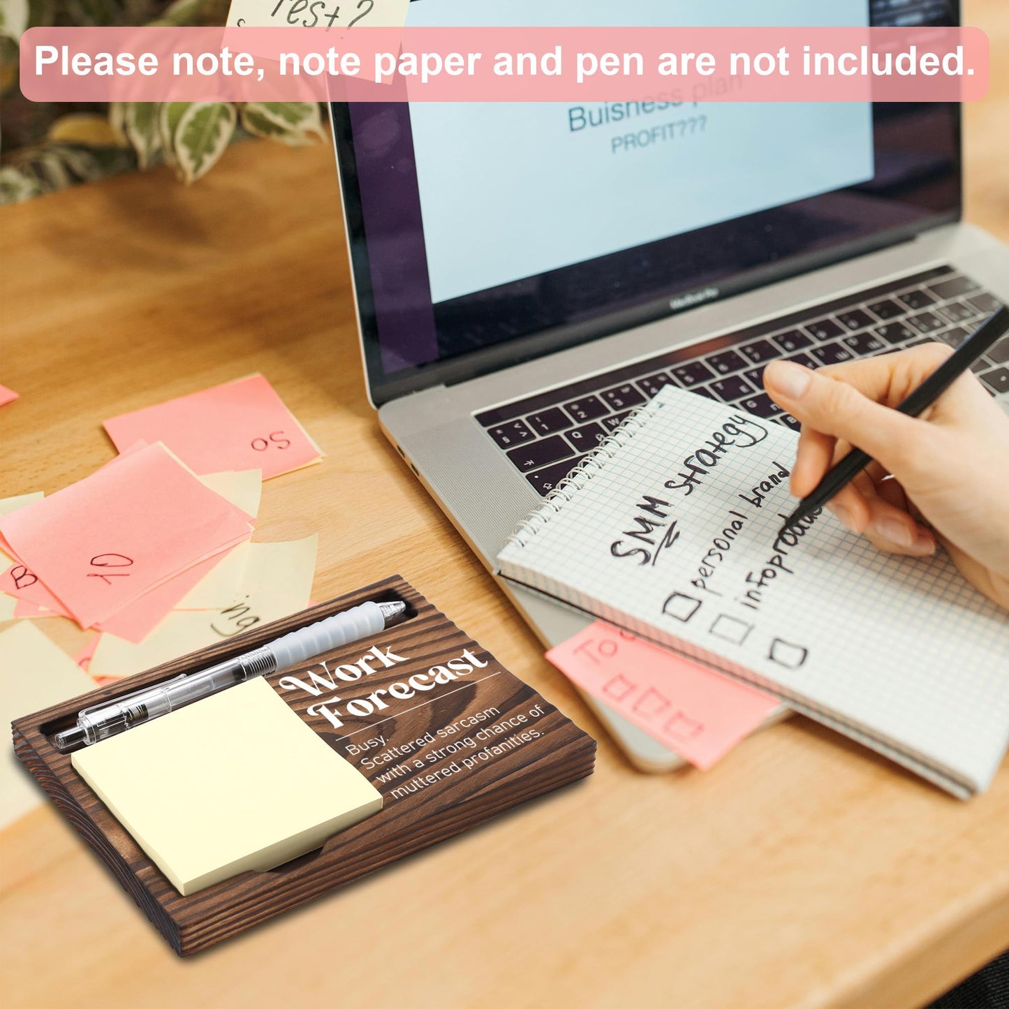 Funny Office Work Gifts for Coworker, Sarcastic Gag Going Away Farewell Gifts, Work Forecast Sticky Note Holder, Post-it Note Dispenser for Desk, Wooden Post-it Note & Pen Holder 6.5" x 4.7" - FTA110