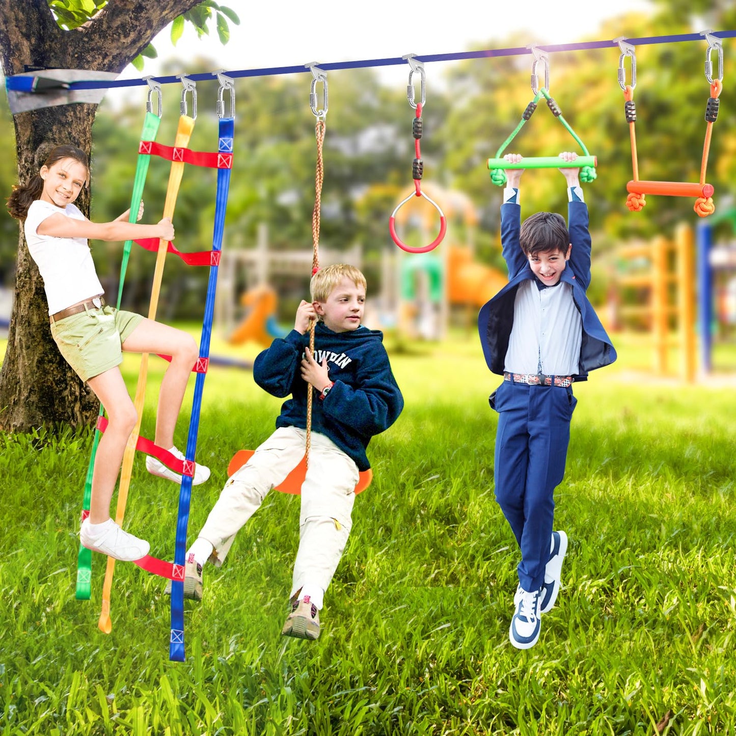 Ninja Warrior Obstacle Course for Kids, 2 x 52ft Slackline with Rotating Swing, Climbing Ladder, Gymnastic Rings, Training Equipment Set for Backyard (2x52ft)