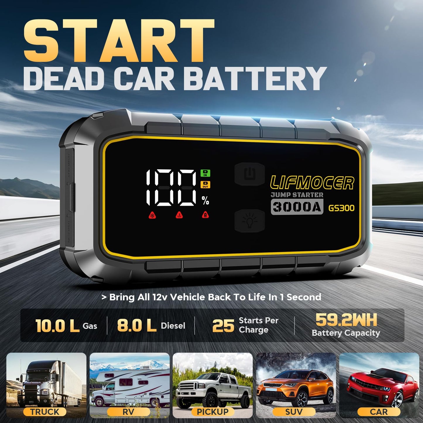 GS300 Car Jump Starter,3000A Portable Battery Jumper Starter for Up to 10.0L Gas & 8.0L Diesel Engines,59.2WH 12V Jump Box with Storage Case,USB Quick Charge,LCD Display,for Cars,Motorcycles,Trucks