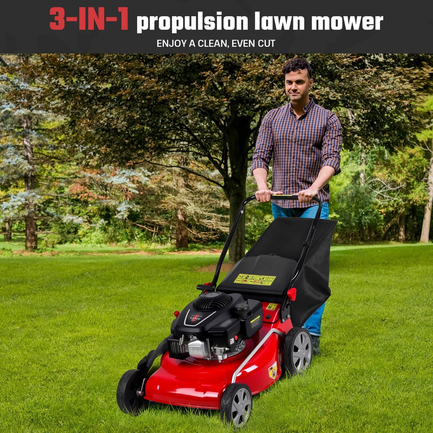 Lawn Mower Gas Powered, Gas Mower with 50l Grass Bag Big Wheels, 131cc Gas Engine 3 in 1 Mulching, Bagging & Side Discharge Self Propelled Walk-Behind Push Mower for Hills 2850RPM (Red)