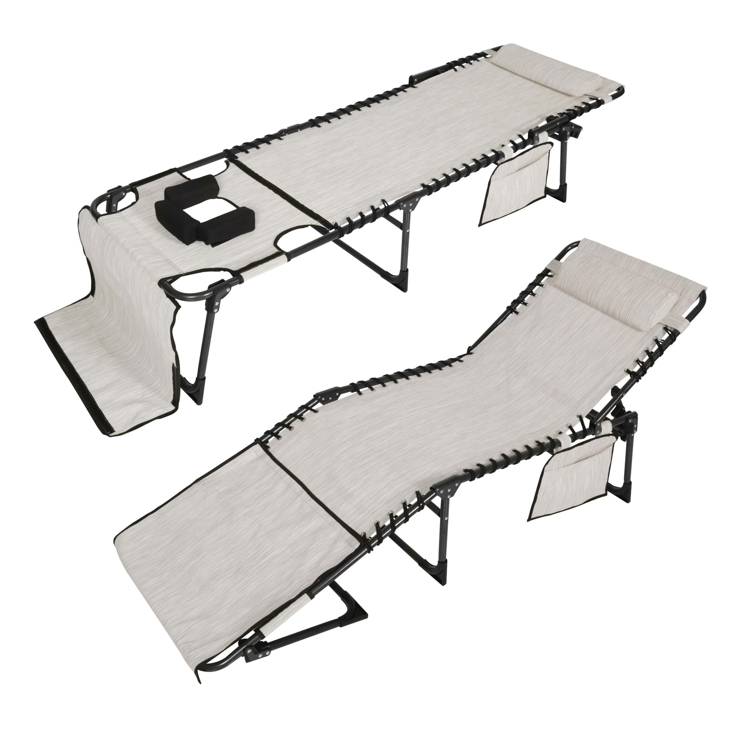 MUPATER Patio Chaise Lounge Chair Set of 2 for Outdoor, Adjustbale Backrest Portable Sun Lounger Recliner with Face Hole, Pillow & Pocket for Camping, Pool, Cream White