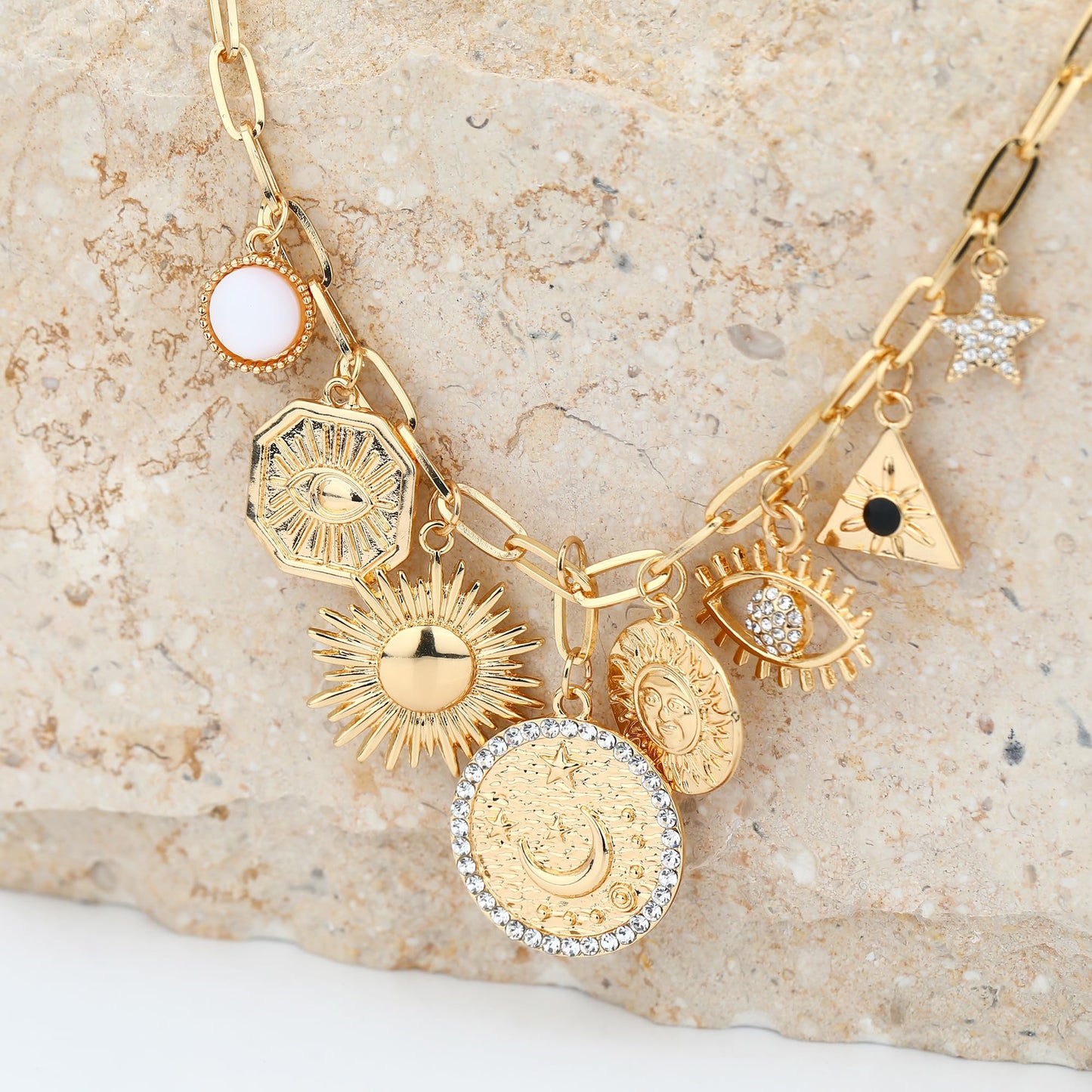 MISS RIGHT Charm Necklace for Women Dainty Gold Evil Eye Coin Lucky Charm Vintage Paperclip Chain Sun Moon Shell Chunky Pendant Necklace Jewelry Gifts Coin