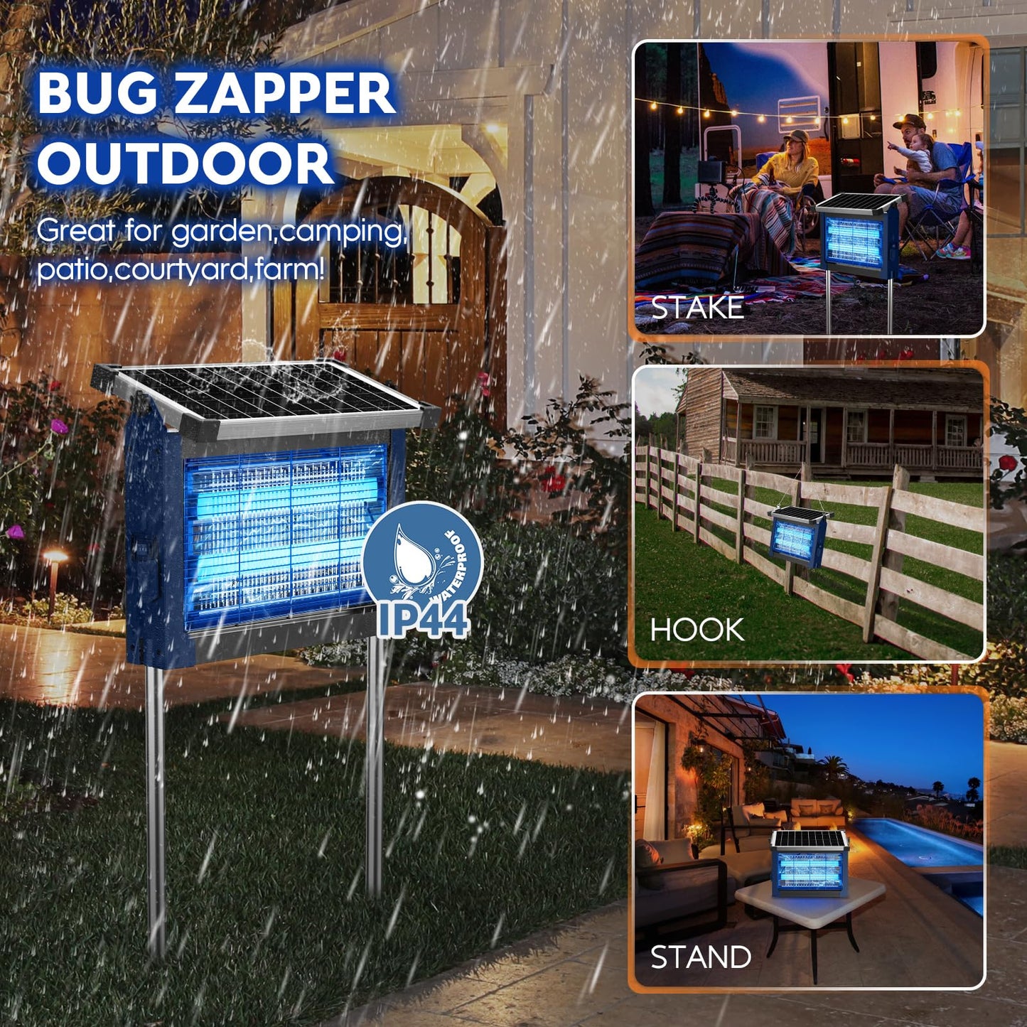 Solar Bug Zapper Outdoor, PhatroyYee Mosquito Zapper 4500V, Waterproof Portable Fly Zapper, Rechargeable Electric Mosquito Killer, Cordless Fly Insect Mosquitos Trap for Patio Yard Camping BBQ(Blue)