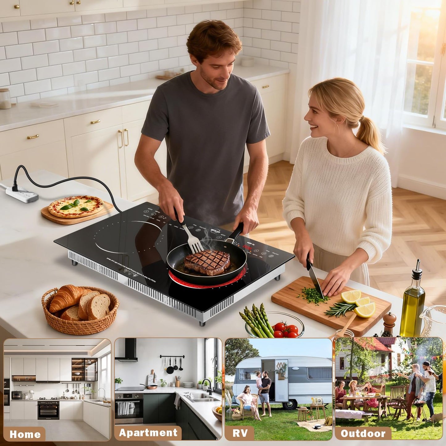 Hobsir 2 Burner Electric Cooktop 110V with Plug, Total 2000W Shared Power, Electric Stove Top with 8 Function & 8 Power, Two Burner Kitchen Cooktop with Timer & Child Safety Lock, for RV Camping