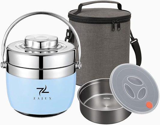 Stainless Steel Lunch Box Light Blue for Adults, Large Capacity 51 oz (1.5 L), Double compartment, keeps food Fresh and Warm, Ideal for Work and Travel, Leak-Proof, Portable.Includes Special Bag