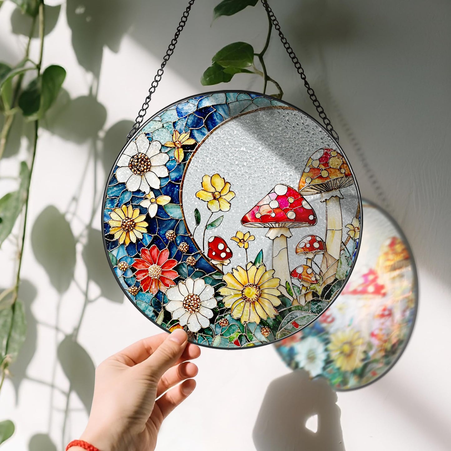 8 Inch Mushroom Suncatcher, Stained Glass Mushrooms Home Decor, Stained Glass Window Hanging, Plant Lover Gifts for Women, Birthday Gifts for Her Mom Grandma, Idea Gift, Gift Exchange