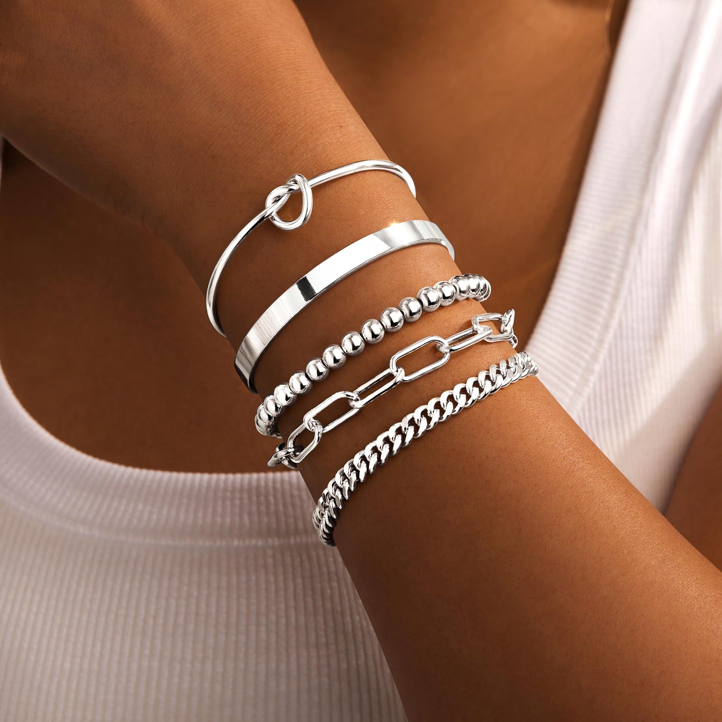 Gokeey Silver Bracelets for Women Non Tarnish Waterproof Silver Plated Bracelets Stack Dainty Chunky Bangle Cuff Love Knot Paperclip Bead Cuban Layered Chain for Jewelry Gifts