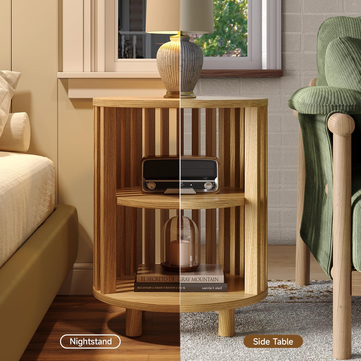 Round End Table, Wood Side Tables, Mid Century Modern Nightstand with 2 Tier Storage, Small Circle Bedside Table for Small Spaces, Living Room, Curved Profile Design, 19.7" Tall, Oak (1-Pack)