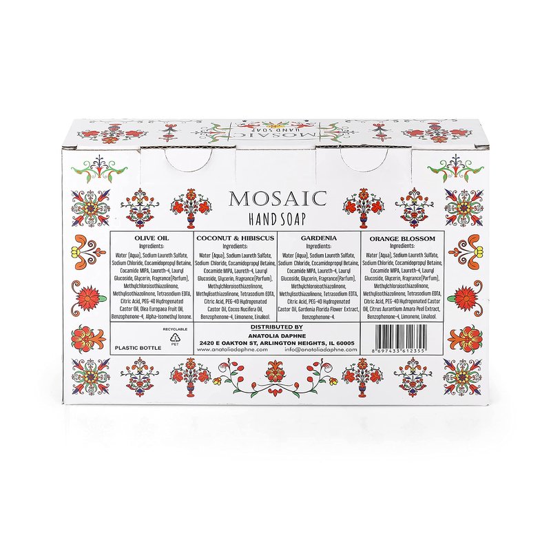 Mosaic Liquid Hand Soap / Hand Wash Gift Set, Ideal for Bathroom and Kitchen Hand Soap Set , Olive Oil + Coconut & Hibiscus + Gardenia + Orange Blossom, 4 x 24.6 fl oz Each Liquid Soap Bottle