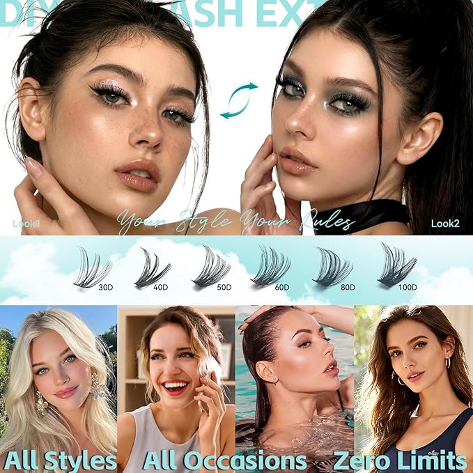 Wispy Lash Clusters Kit, D Curl Lashes Clusters Natural Look 9-16mm Individual Super Thin Band DIY Cluster Eyelash Extensions Kit with Bond Seal Tweezers Brush Remover (60D 80D Mix)