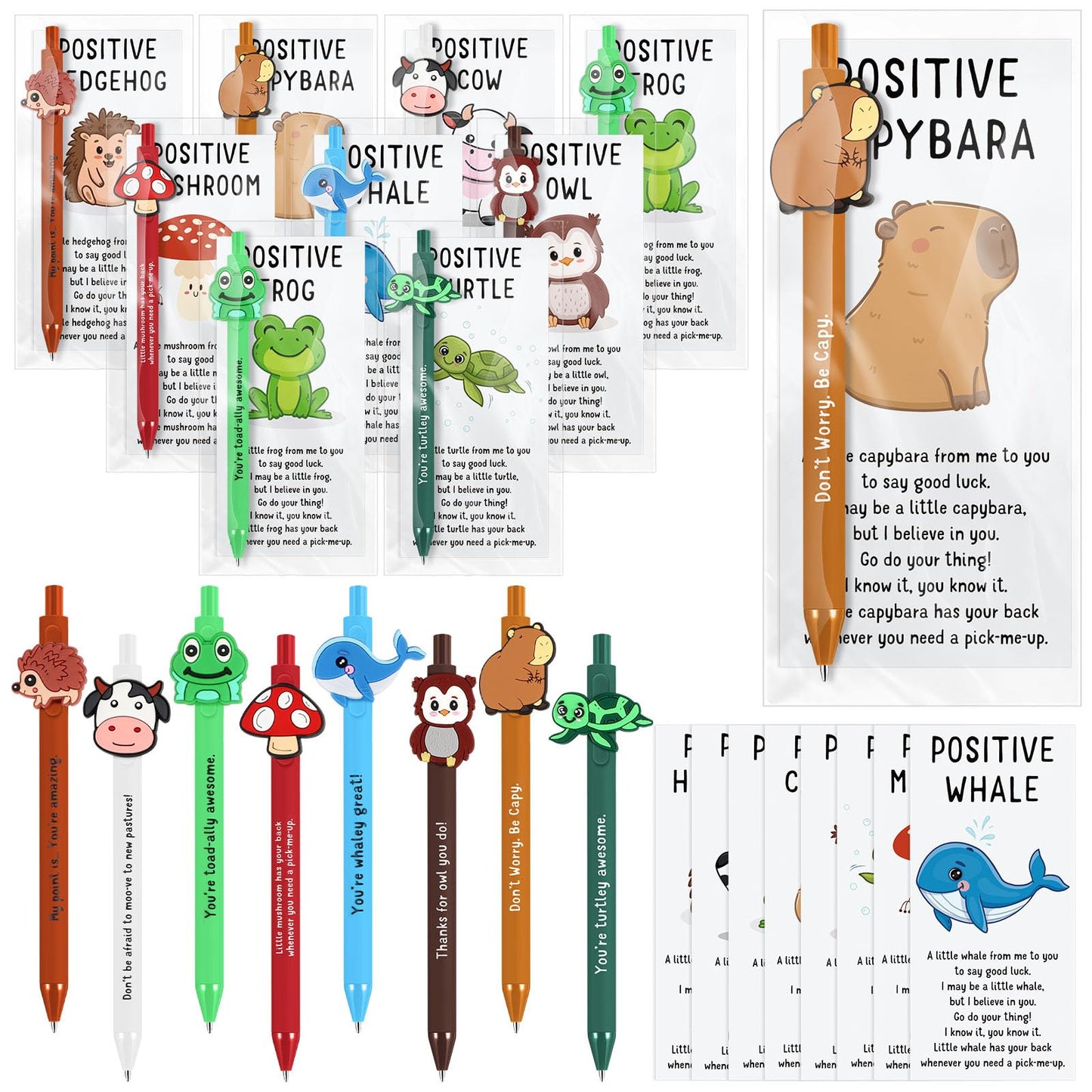 Landical 16 Set Positive Animal Pens Graduation Gift Bulk Cute Funny Pen with Inspirational Card Employee Appreciation Gift for Office Coworker Staff Nurse Teacher Student Classroom