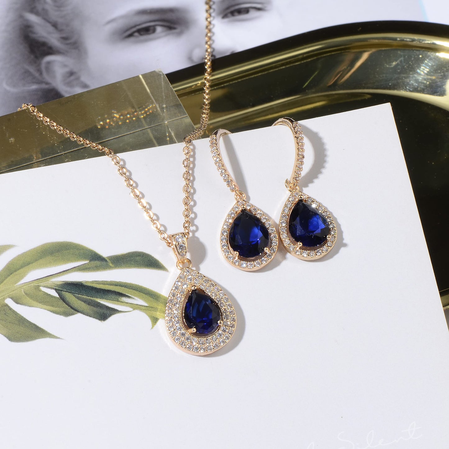 Crystal Wedding Bridal Jewelry Set Teardrop Pendant Necklace Drop Dangle Earrings Set for Bride Bridesmaids Mother of Bride Prom Party Formal Jewelry Set for Women, Copper, crystal,