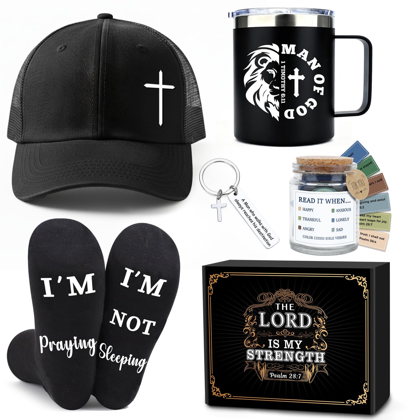 Christian Gifts for Men Faith Based Spiritual Stuff Religious Basket Catholic Present Baptism Gifts Pastor Appreciation Gift Set Christian Accessories for Men with Bible Verse Keychain Mug Socks